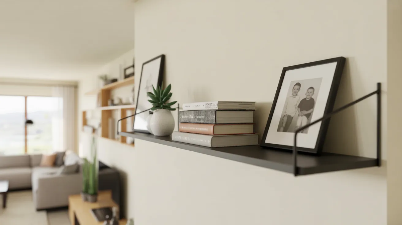 A shelf displaying various books alongside framed pictures, creating a cozy and personal atmosphere.