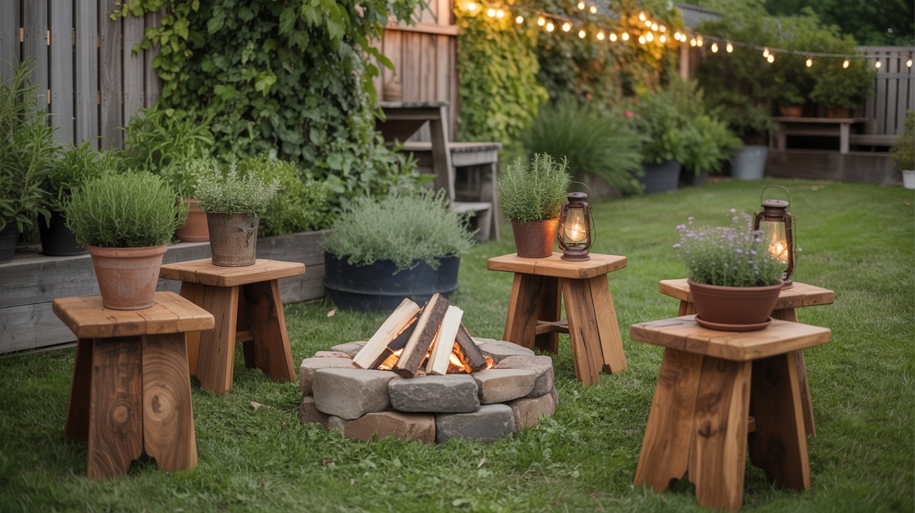 Cozy backyard with a stone fire pit surrounded by wooden stools adorned with potted plants. Warm string lights add a festive atmosphere.