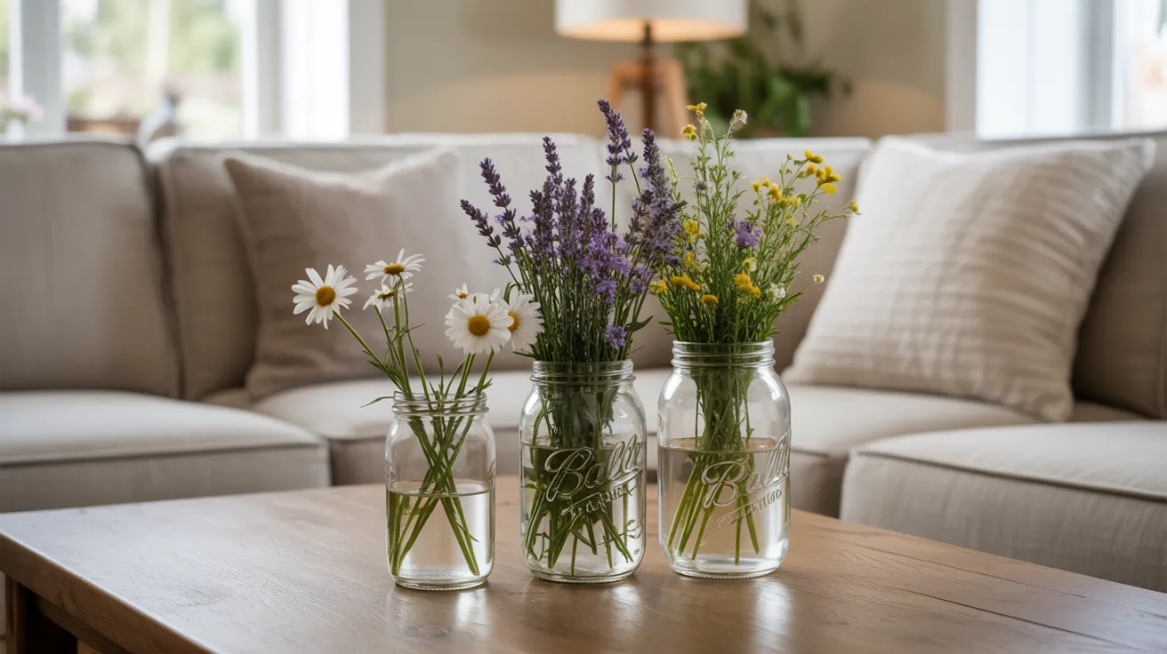 Three vases filled with flowers are arranged on a table in front of a couch, creating a vibrant living room scene.