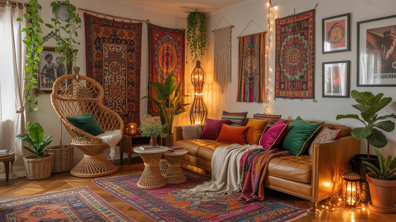 A cozy bohemian living room with a brown leather sofa, colorful cushions, vibrant rugs, and wall tapestries. Warm lighting and lush plants enhance the inviting ambiance.