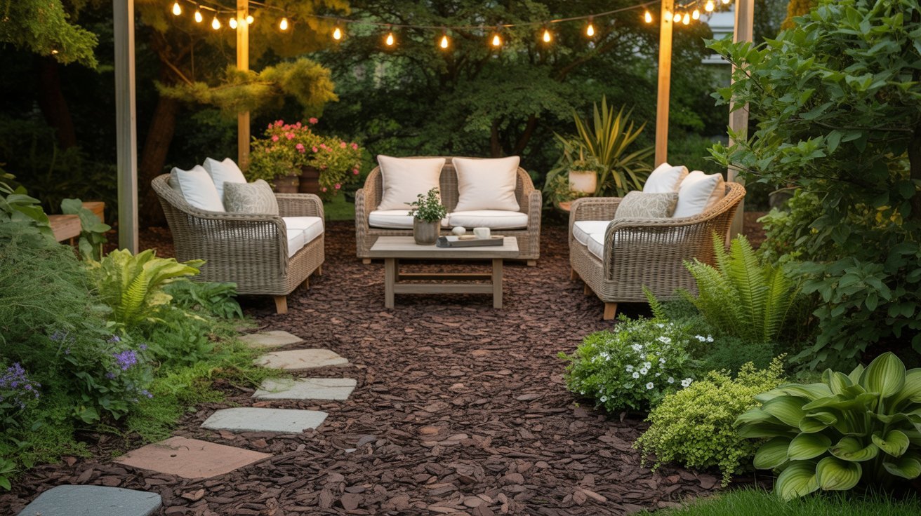 Cozy patio setting with wicker sofas and a table under string lights. Surrounded by lush greenery and flowers, conveying a serene and inviting mood.