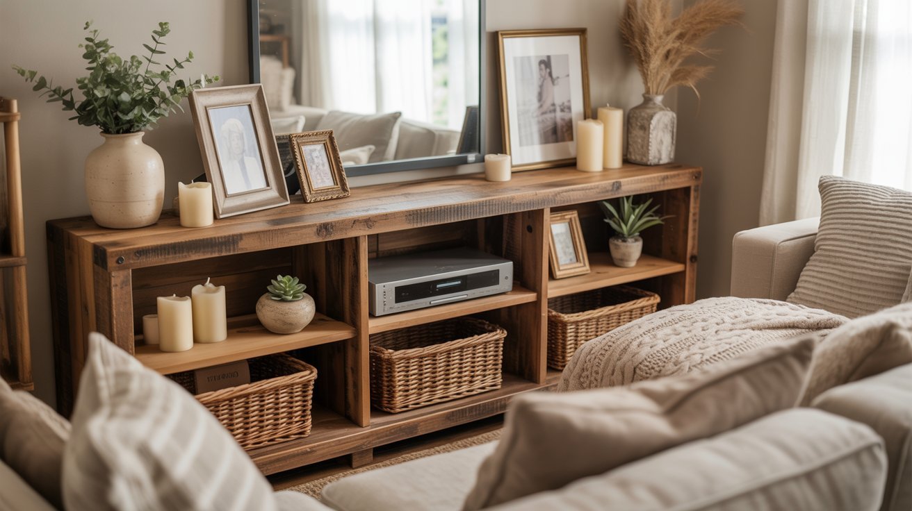 Cozy living room with a wooden console table, candles, framed photos, and plants. Baskets below add texture, while soft pillows create a warm ambiance.