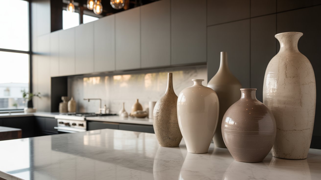 Elegant kitchen with smooth white countertops displaying various ceramic vases in neutral tones. Warm lighting and modern cabinets enhance the serene ambiance.