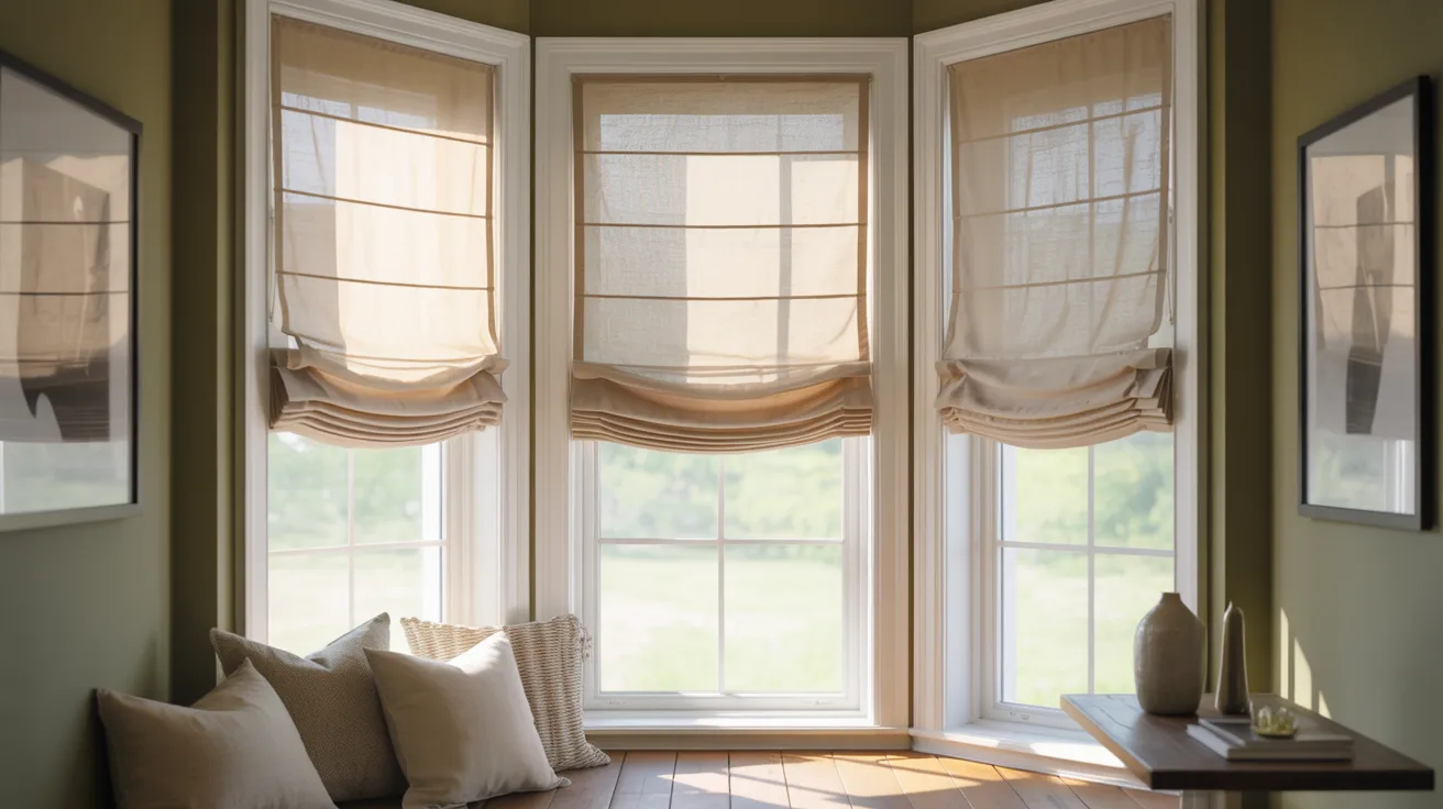 Cozy room with a bay window featuring light beige Roman shades. Soft sunlight filters in, highlighting a bench with cushions and a small table with vases.