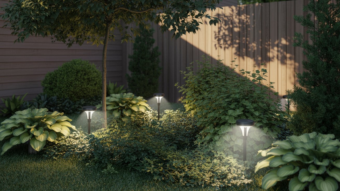 A serene garden scene with lush greenery and five solar lights casting a soft glow. Sunlit wooden fence and leafy plants create a peaceful atmosphere.