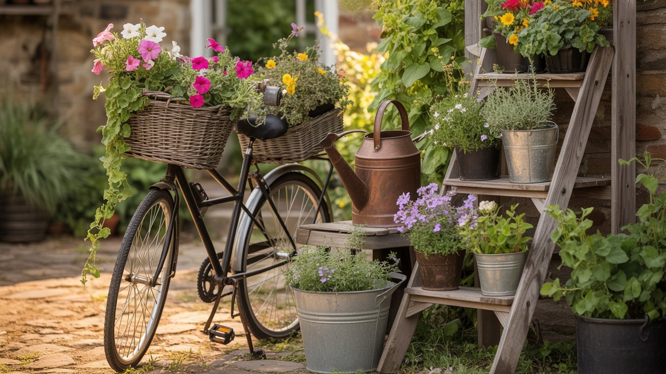 A quaint garden scene features a vintage bicycle with baskets overflowing with colorful flowers. Beside it, potted plants and a watering can sit on a wooden ladder, creating a serene and rustic atmosphere.