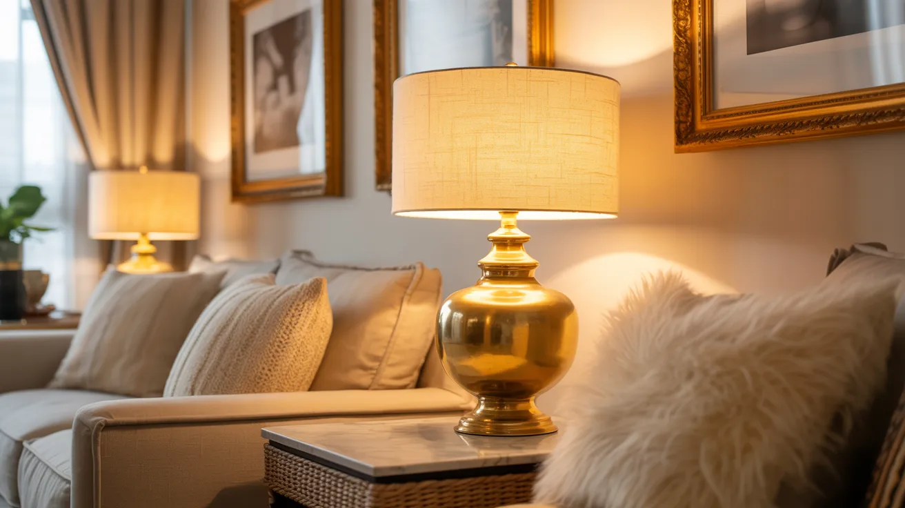 Elegant living room with soft lighting from two golden lamps on side tables, plush cream sofas with textured pillows, and classic framed artwork.