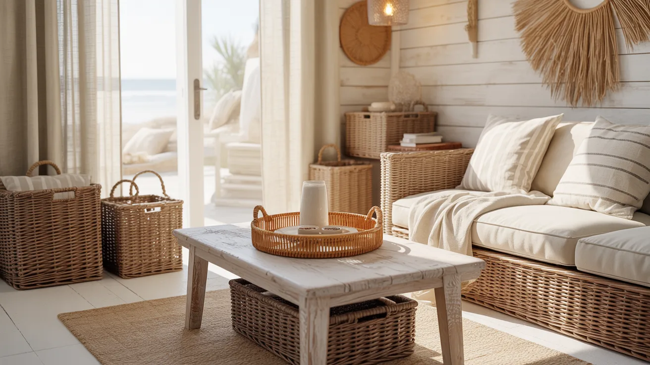 Cozy beach-themed living room with wicker furniture, a whitewashed table, and large windows revealing an ocean view. Warm, relaxed atmosphere.