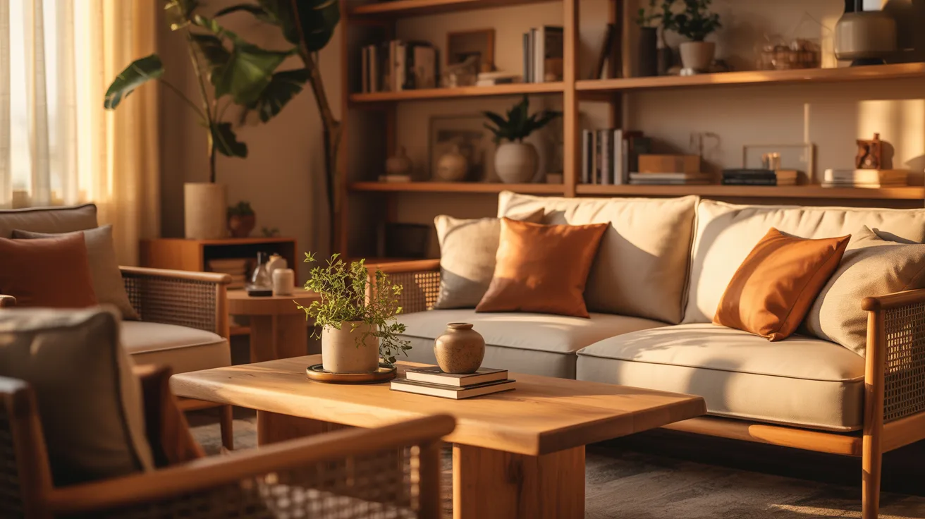 Cozy living room with a beige sofa accented by orange pillows, wooden furniture, potted plants, and bookshelves, bathed in warm sunlight.