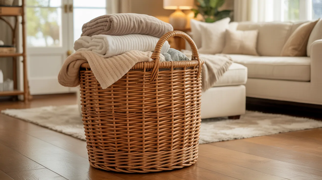 A wicker basket filled with neatly arranged towels and blankets, showcasing a cozy and inviting atmosphere.
