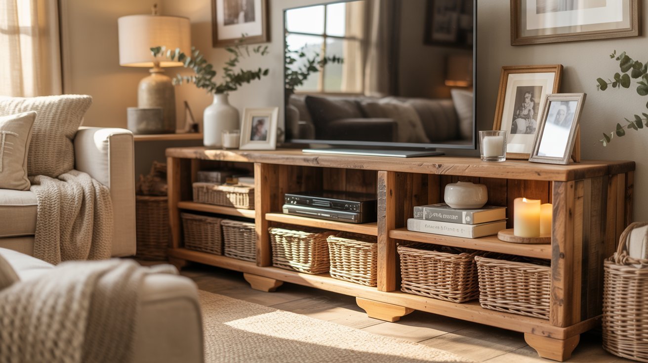 Cozy living room scene with a wooden media console holding a TV, wicker baskets, framed photos, books, and candles. Soft lighting and neutral tones create a warm atmosphere.