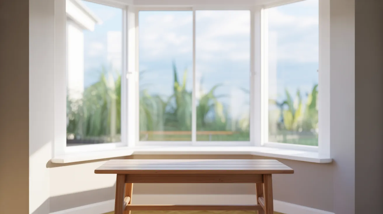 A wooden table positioned in front of a large window, allowing natural light to illuminate the space.
