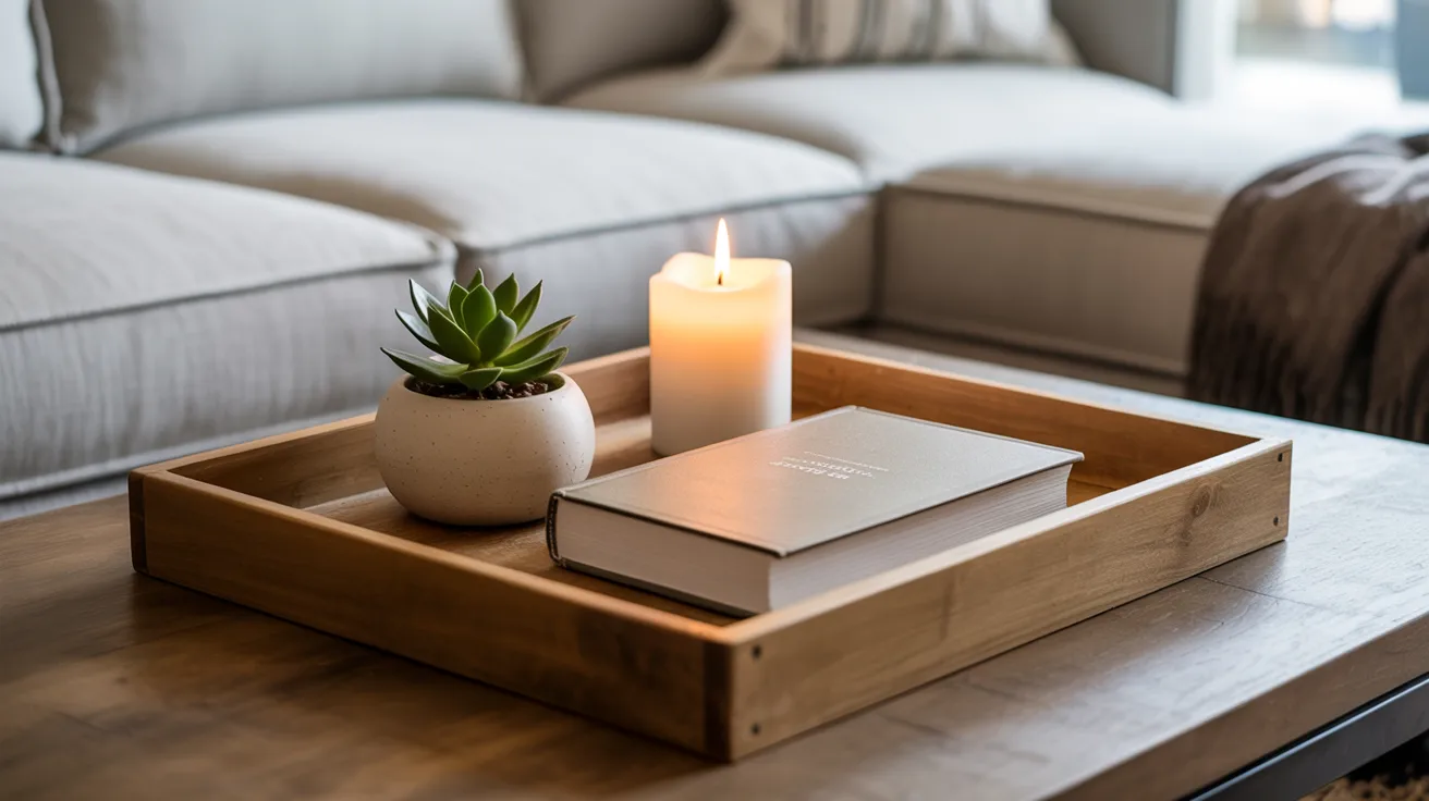 A coffee table features a wooden tray with a book, a candle, and a succulent plant arranged neatly.