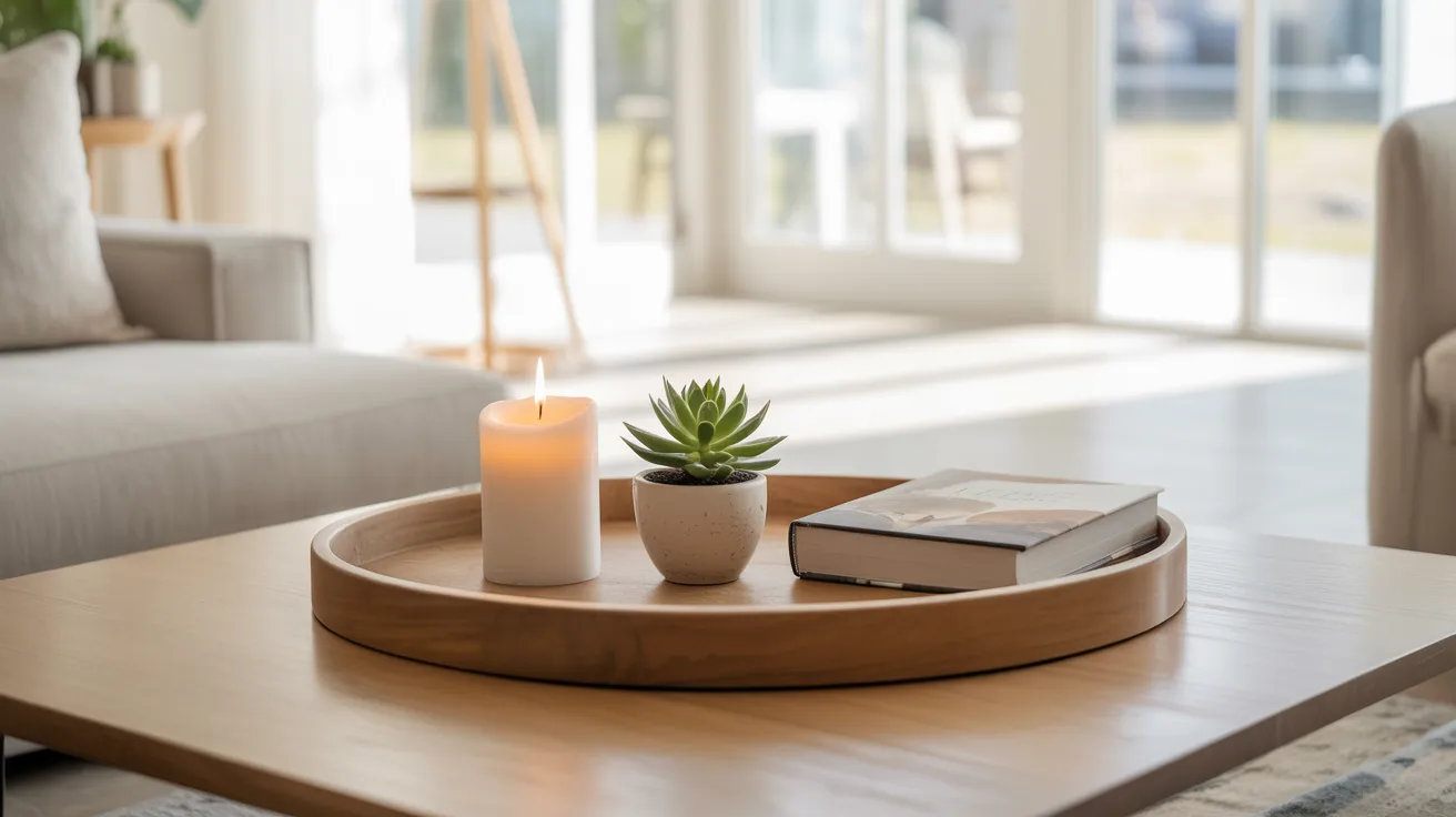 A wooden tray on a table holds a lit candle and an open book, creating a cozy atmosphere.