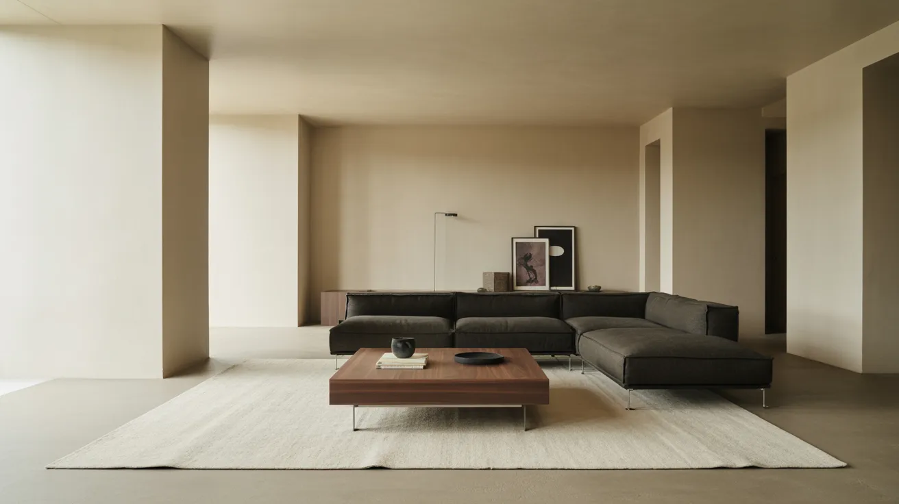 A cozy living room featuring a couch, a coffee table, and a decorative rug on the floor.