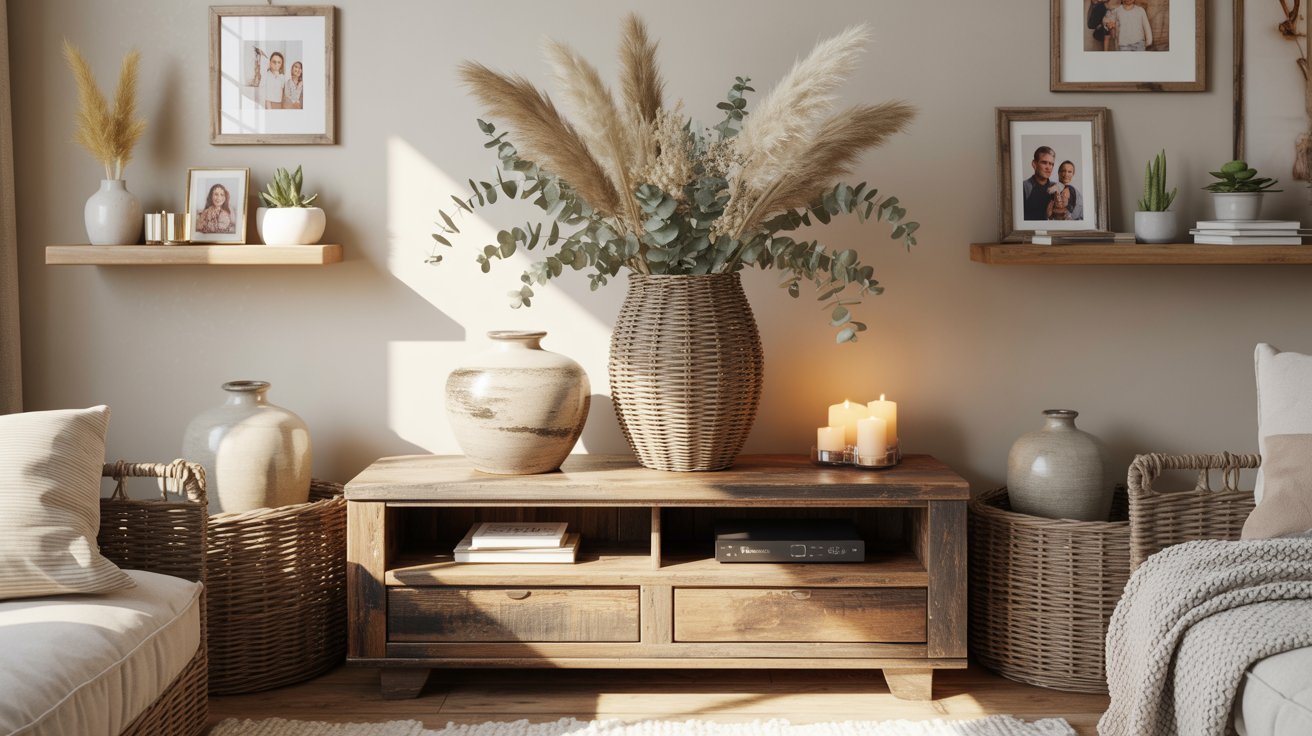 A cozy living room with warm tones features a rustic wooden table adorned with a large wicker vase of pampas grass, soft-lit candles, and family photos.