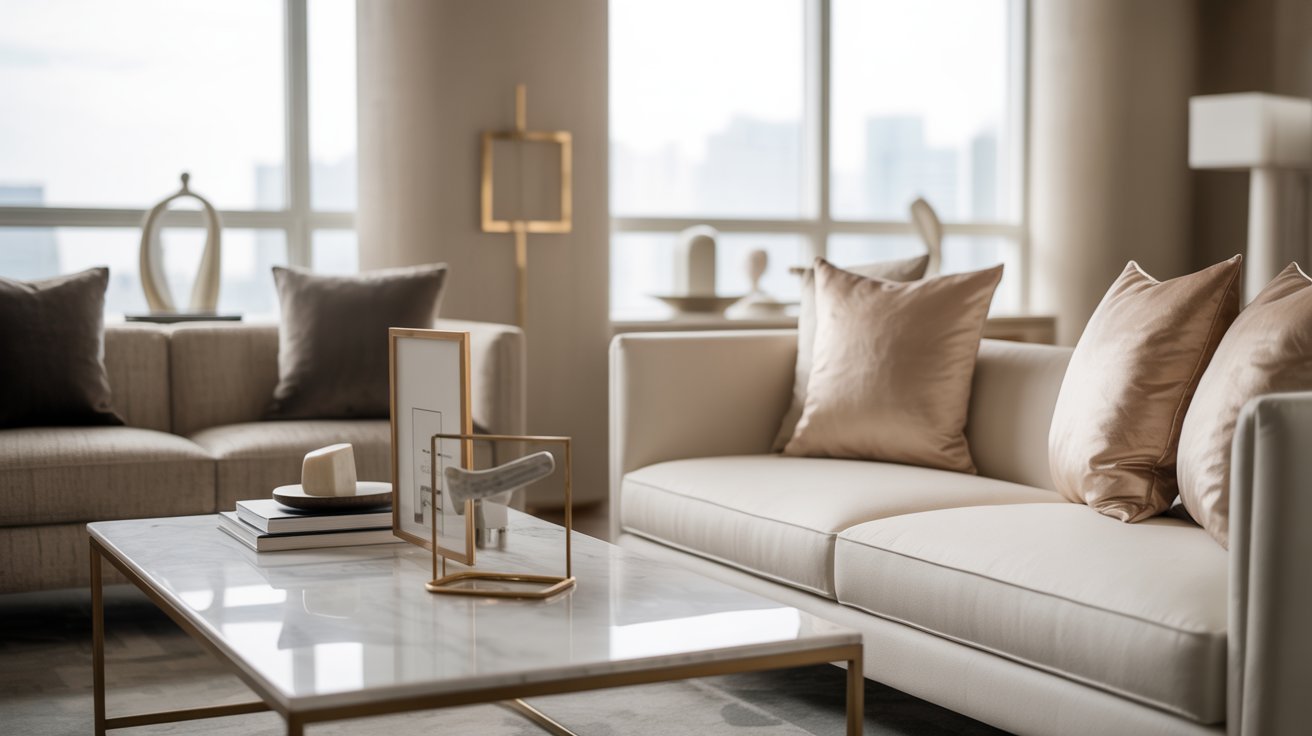 Luxurious living room with a modern design. Features a cream sofa with beige pillows, a marble coffee table, and large windows with a city view.