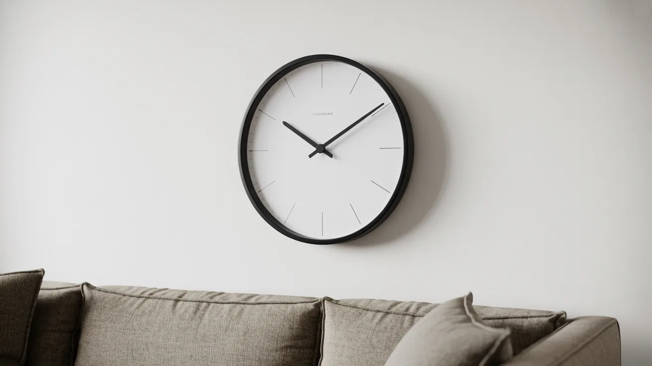 A wall clock mounted above a couch, displaying the time in a modern design against a neutral wall.