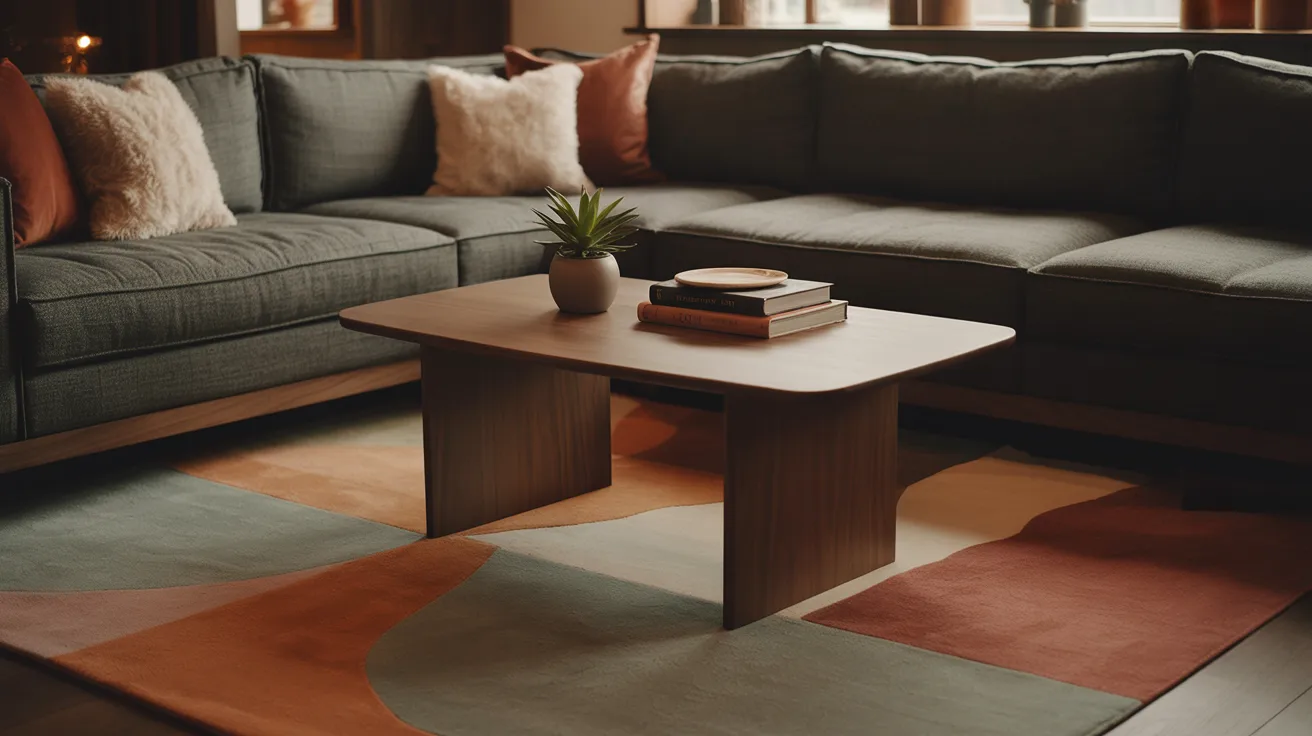 A cozy living room featuring a couch, a coffee table, and a decorative rug on the floor.