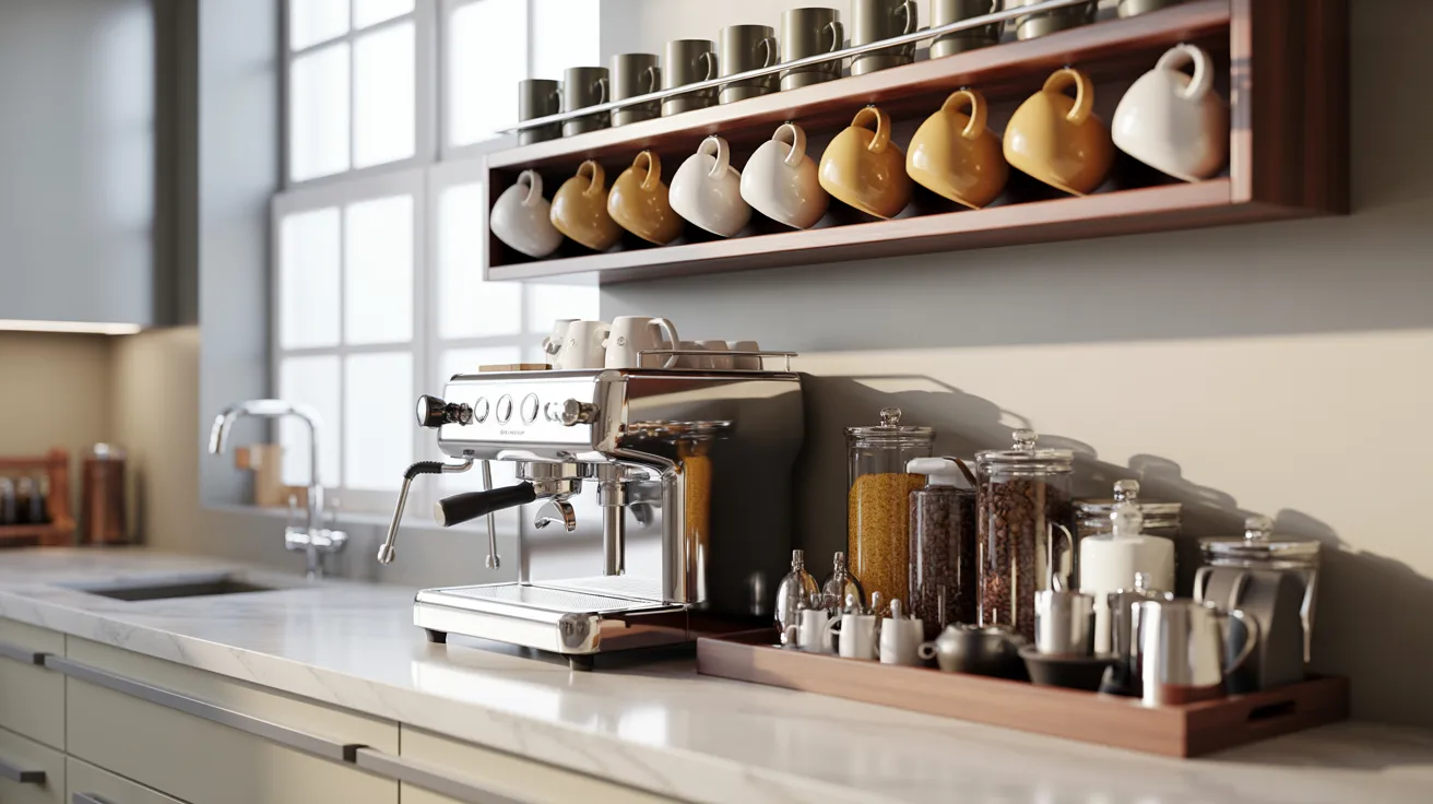 A kitchen featuring a coffee maker, utensils, and various kitchen items arranged on the countertop.