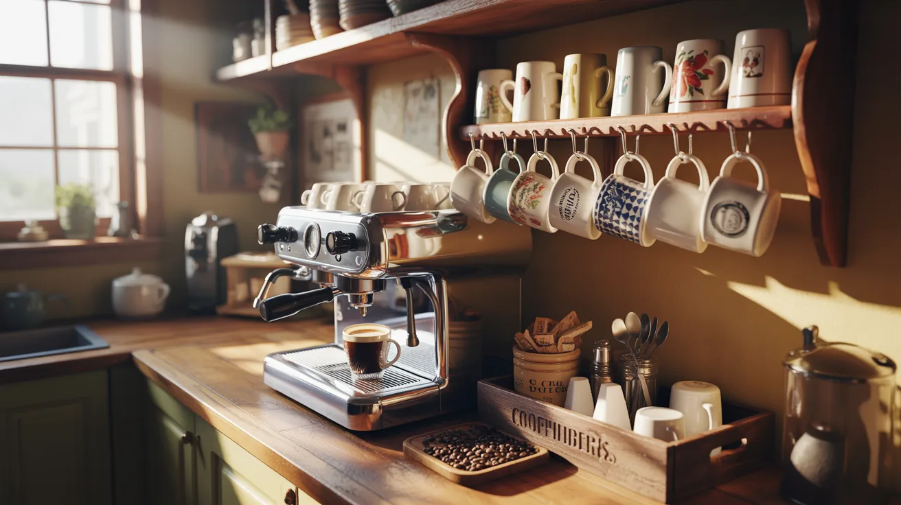 Cozy kitchen with a sunlight-lit espresso machine on a wooden counter. Mugs hang above, with coffee beans and utensils nearby, creating a warm, inviting atmosphere.
