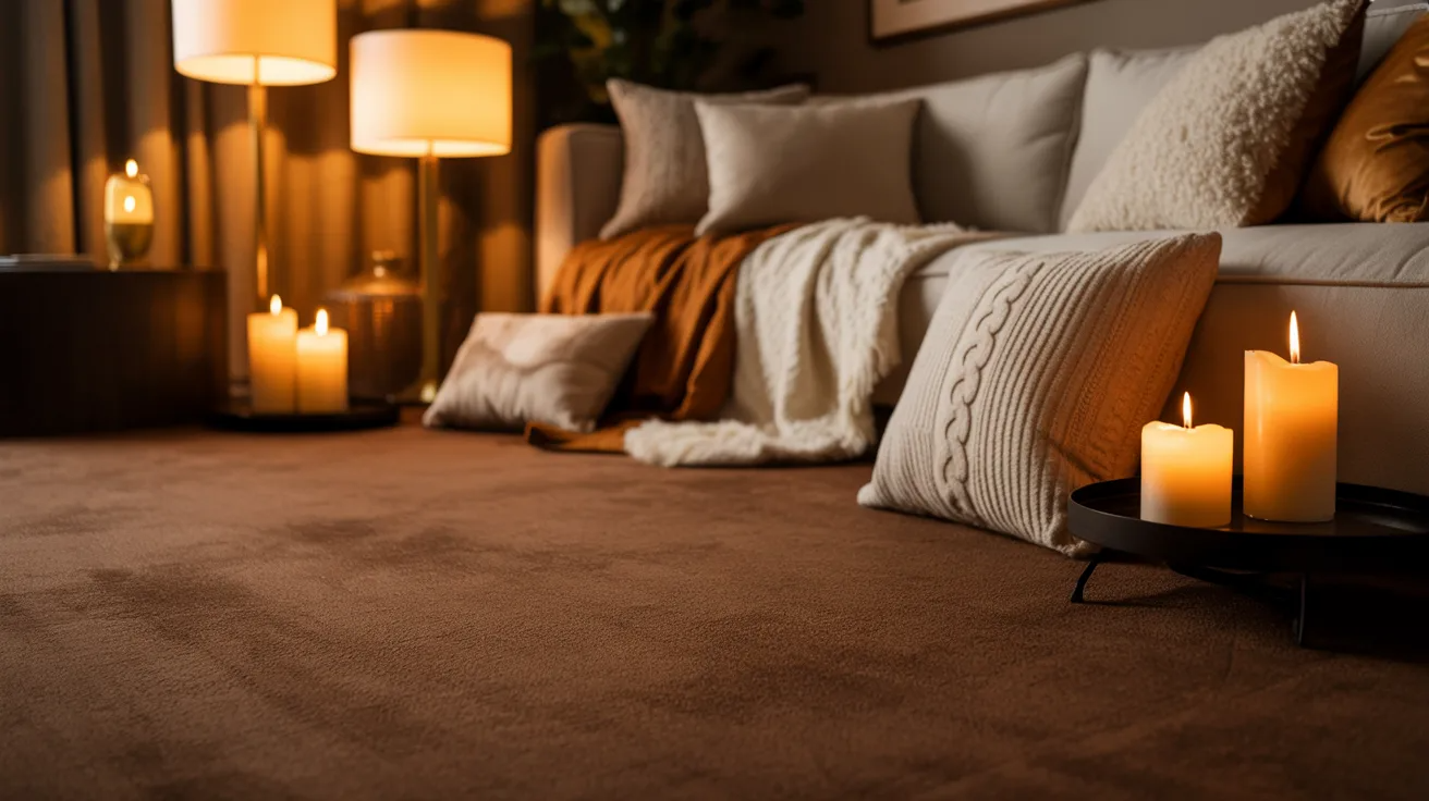A cozy living room with lit candles on a soft brown carpet, a plush sofa with pillows and blankets, and warm lamp lighting creating a serene ambiance.