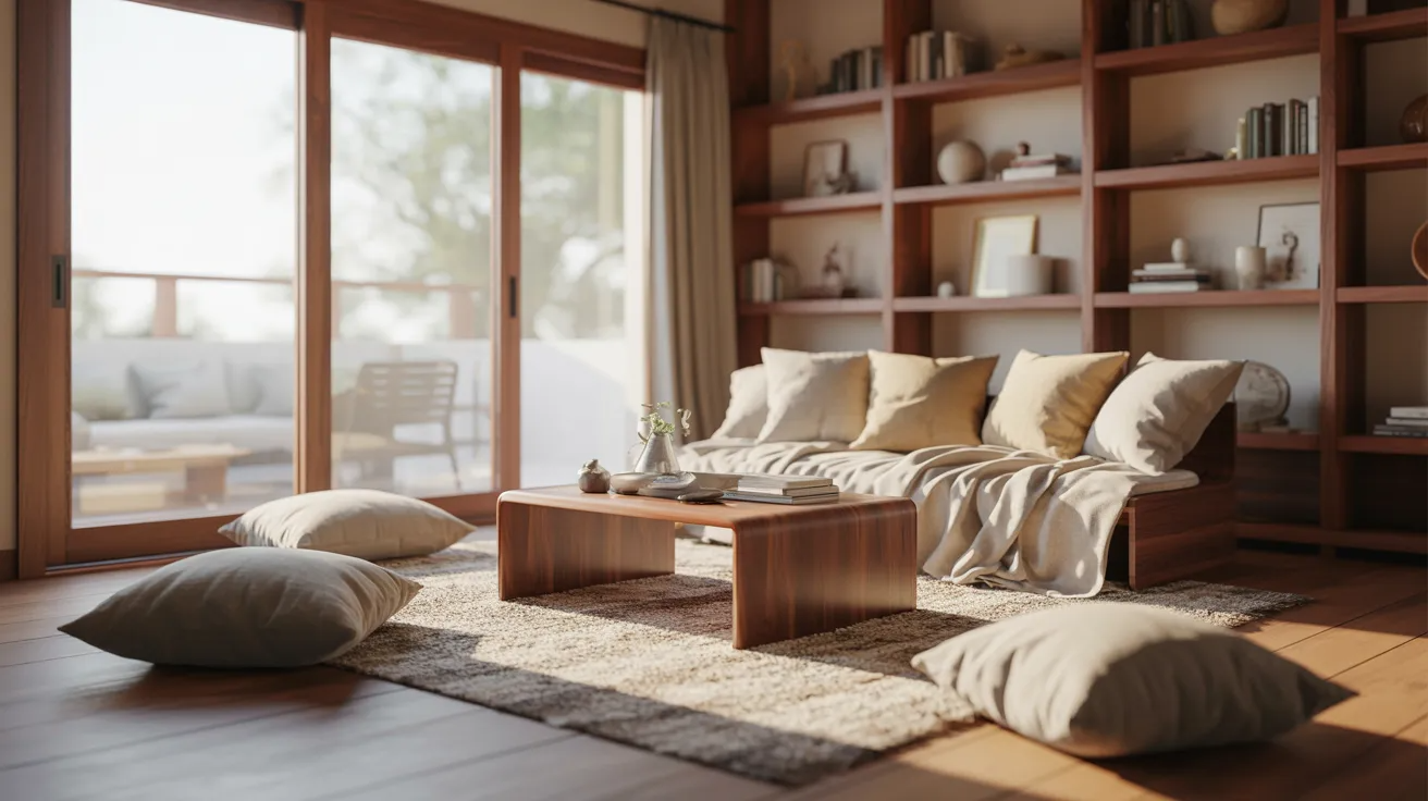 A cozy living room with floor cushions, a low wooden table, and a sofa adorned with pillows. Sunlight streams through large glass doors, illuminating bookshelves.