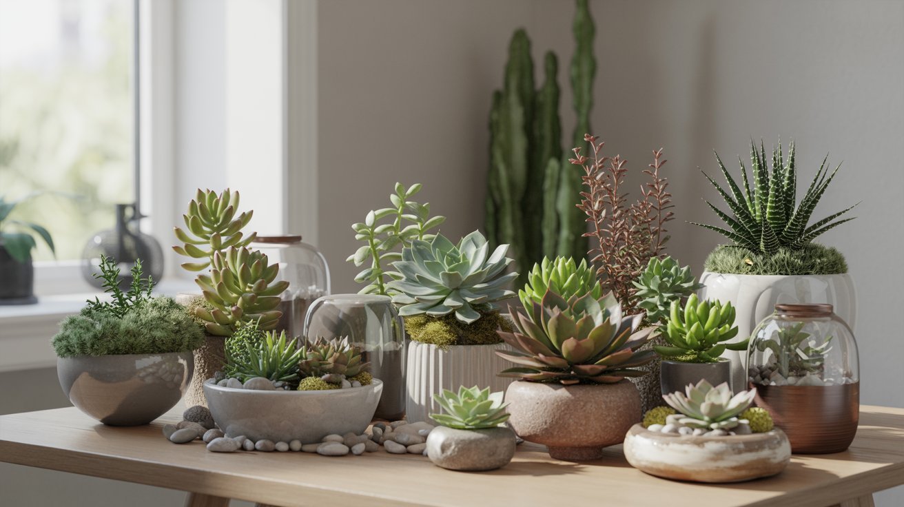 A variety of succulents in diverse pots are arranged on a wooden table by a sunlit window. The scene conveys a serene, natural ambiance.