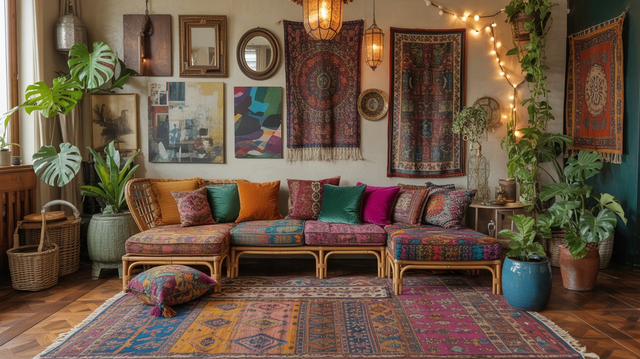 Bohemian living room with colorful patterned cushions on a wicker sofa, vibrant wall hangings, lush plants, and eclectic decor creating a cozy, artistic vibe.