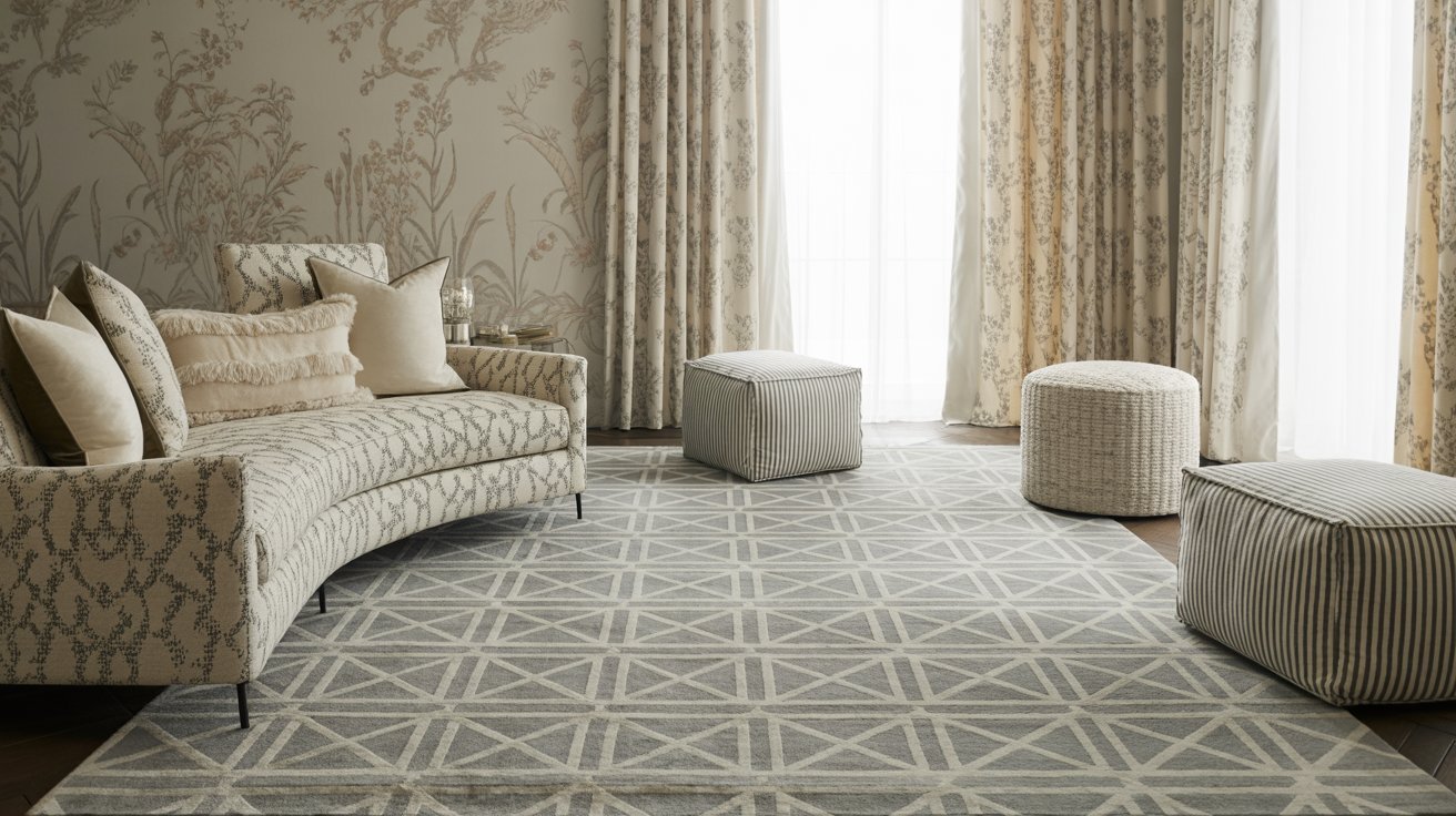 Elegant living room with a floral-patterned sofa, matching cushions, and ottomans on a geometric-patterned rug. Soft, neutral tones create a serene atmosphere.