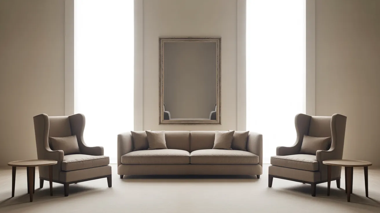Minimalist living room with neutral tones features a beige sofa, two wingback chairs, a large empty frame on the wall, and two side tables.