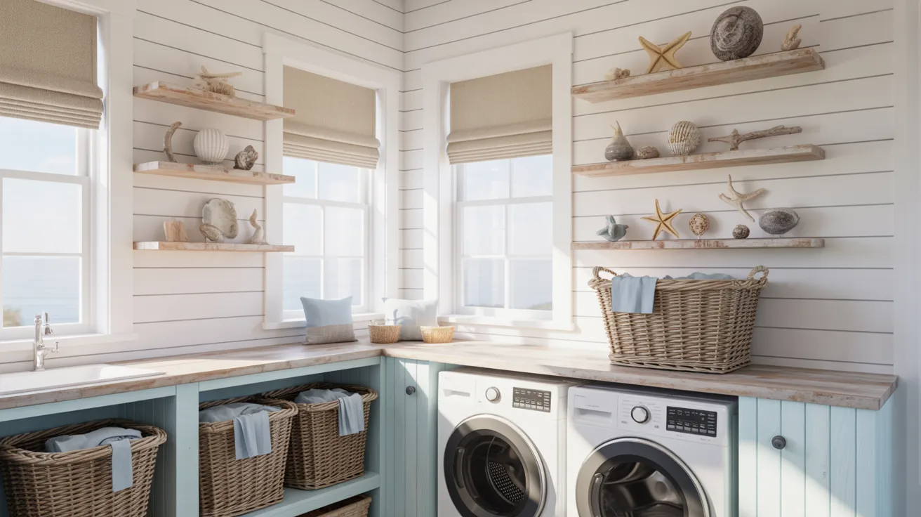 Charming coastal laundry room with white shiplap walls, blue cabinets, wicker baskets, and seashell decor. Bright, airy, and neatly organized atmosphere.