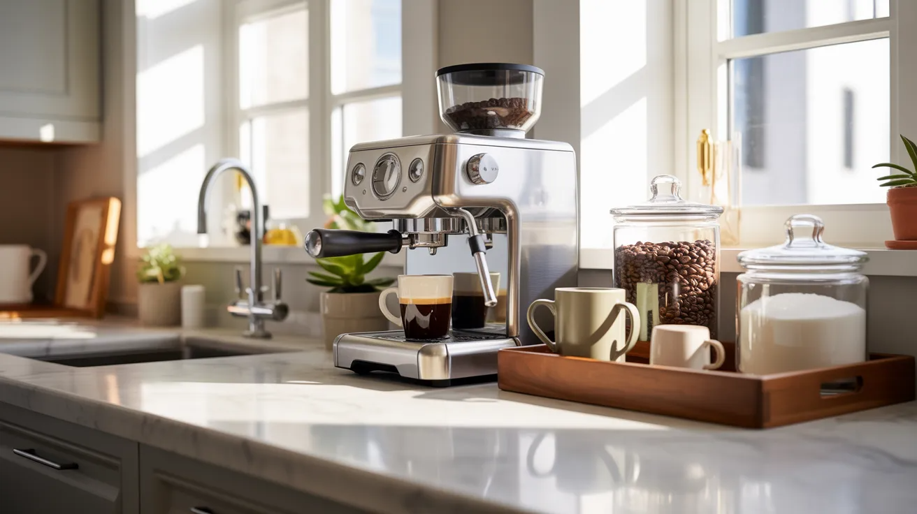 A sunlit kitchen counter with a modern espresso machine brewing coffee. Nearby are jars of coffee beans, sugar, and mugs on a wooden tray.