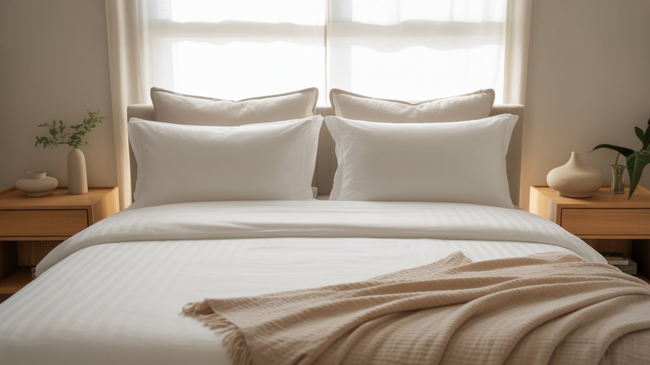 A neatly made bed with white pillows and sheets, flanked by wooden nightstands holding minimalist decor and small plants, exudes a serene, minimalist vibe.