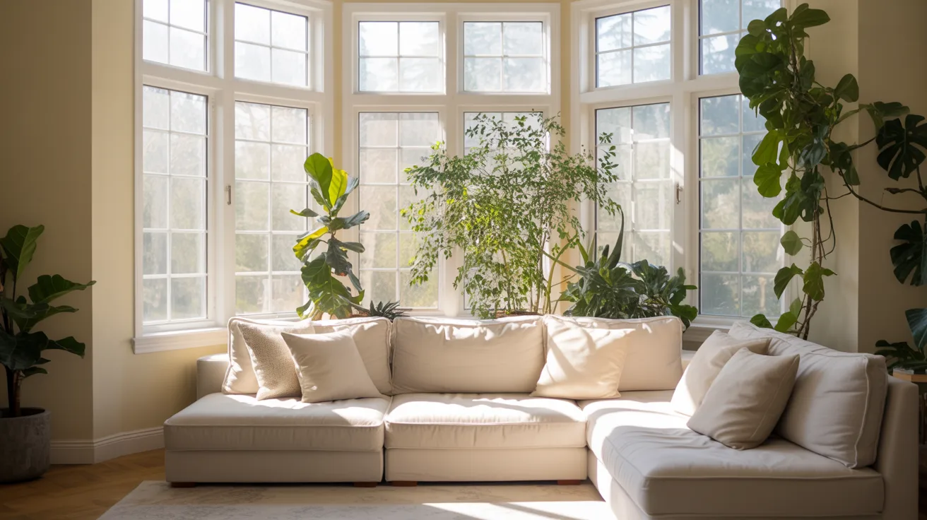 A cozy living room featuring a couch, indoor plants, and large windows allowing natural light to fill the space.