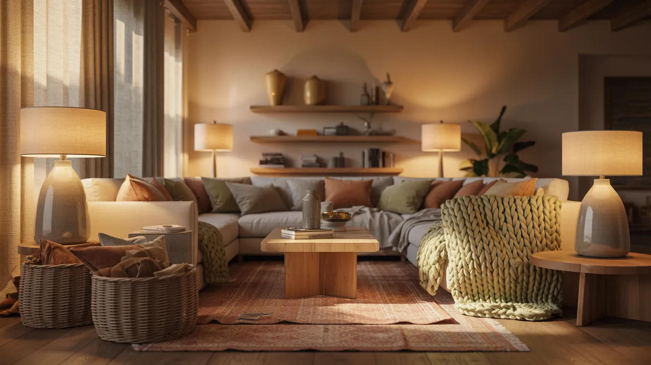 Cozy living room with a beige sectional sofa, earthy-toned cushions, woven throw, wooden coffee table, and warm lamps. Shelves hold decor items. Soft, inviting light.