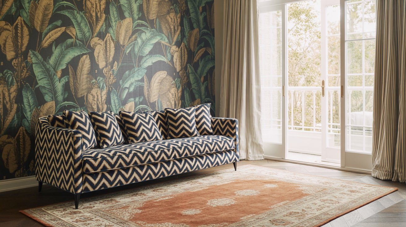 A patterned sofa with zigzag design sits against a leafy wallpaper in a bright room. Sunlight streams through large glass doors onto a beige rug.