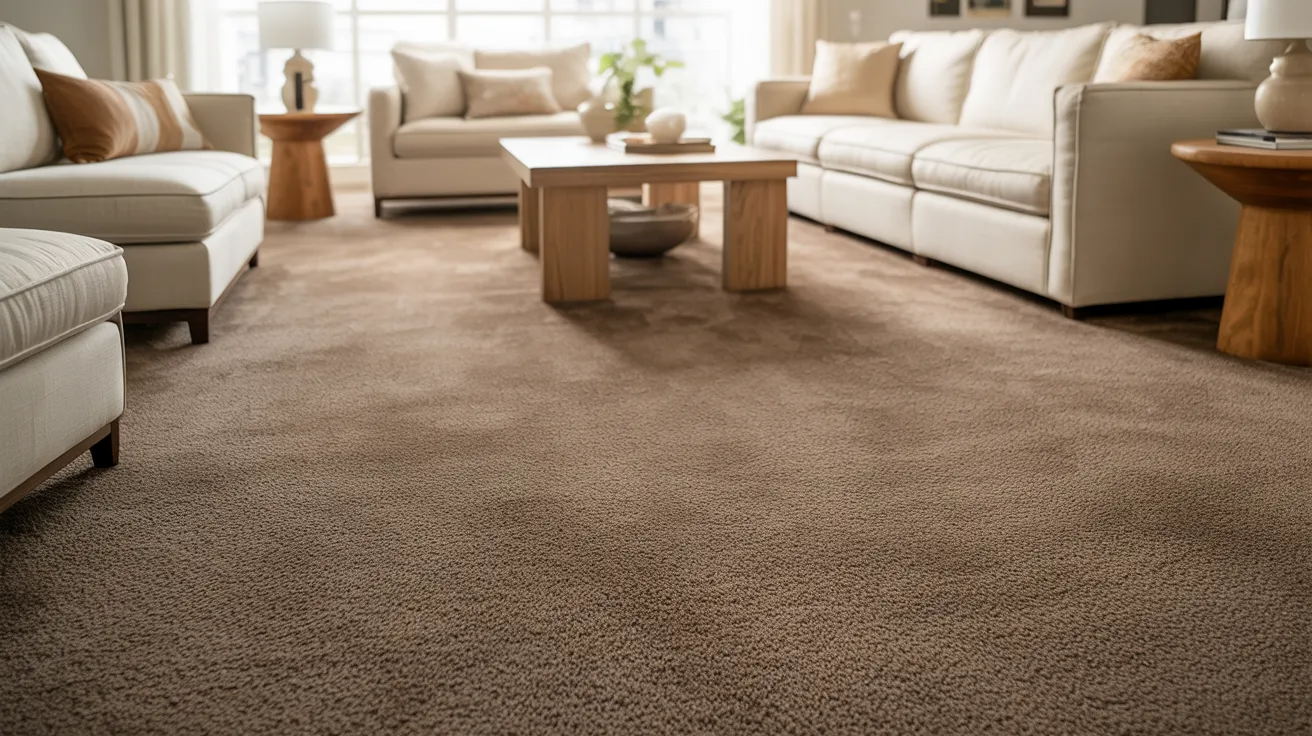 A spacious living room with cozy beige sofas, a light wood coffee table, and soft carpet. Soft lighting and neutral tones create a calm, inviting ambiance.