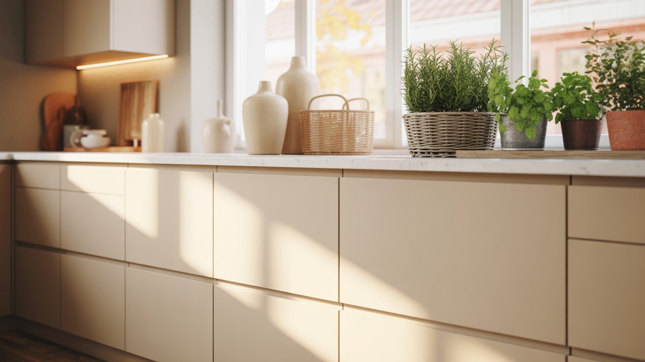 Modern kitchen with beige cabinets, lit by sunlight. Counter holds potted plants, wicker basket, and ceramic vases, creating a cozy, warm atmosphere.