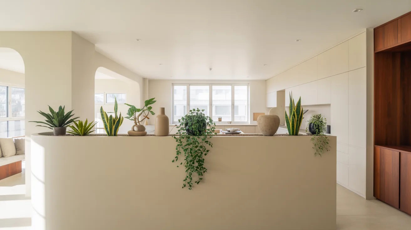 Minimalist kitchen interior with neutral tones, featuring a light-filled room, large windows, potted green plants on a counter, and sleek cabinetry.