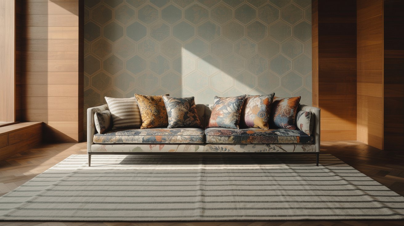 A stylish sofa with floral cushions is set against a honeycomb-patterned wall. Sunlight casts geometric shadows on the textured rug, creating a cozy ambiance.