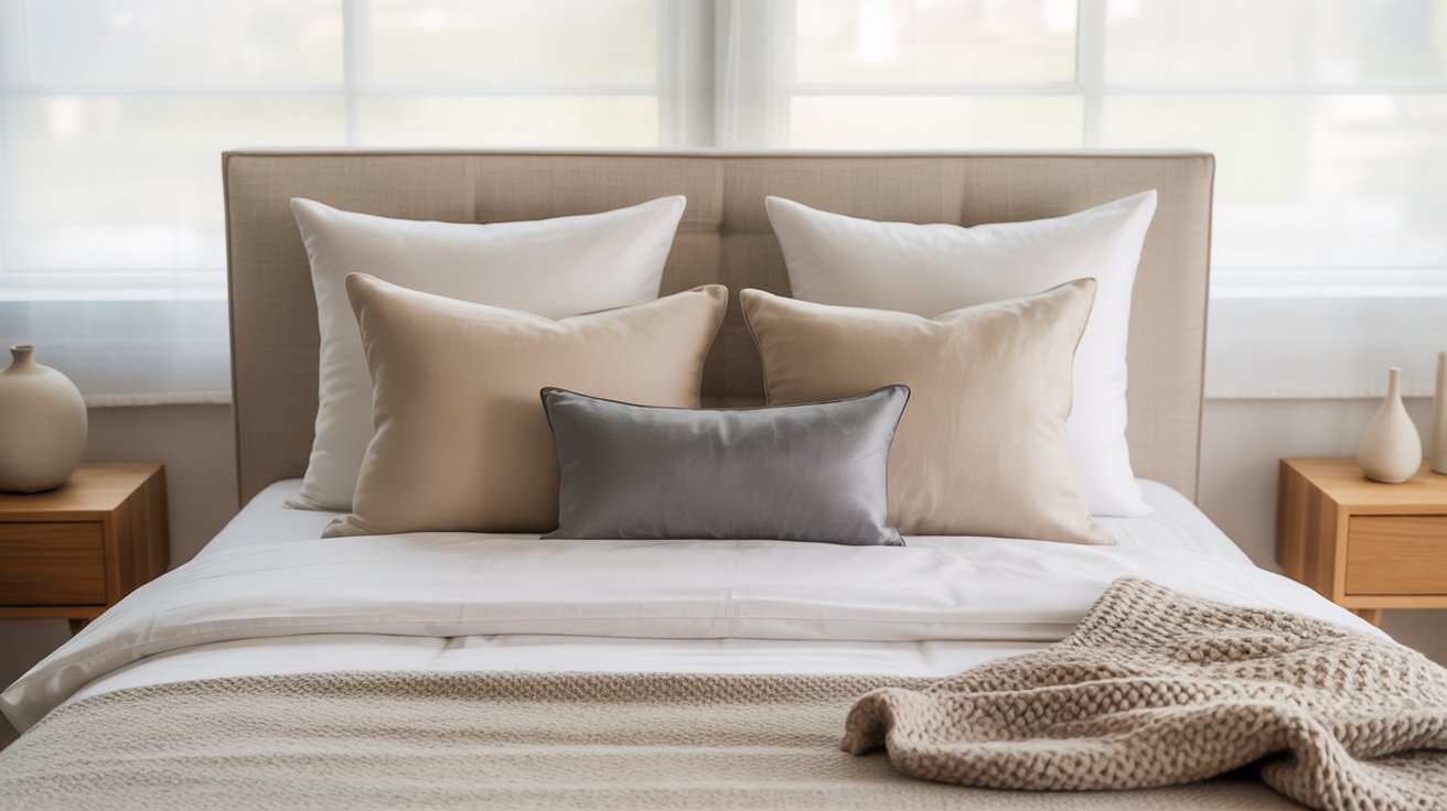 A neatly made bed with four beige and gray pillows, set against a soft headboard. Wooden nightstands hold ceramic vases. The scene feels calm and inviting.