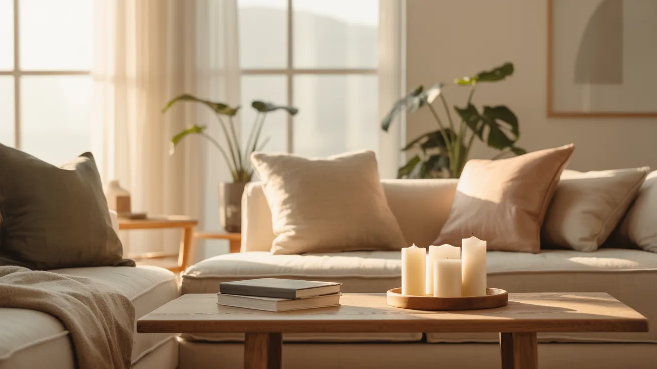 A cozy living room featuring a couch, a coffee table, and a collection of books on a shelf.