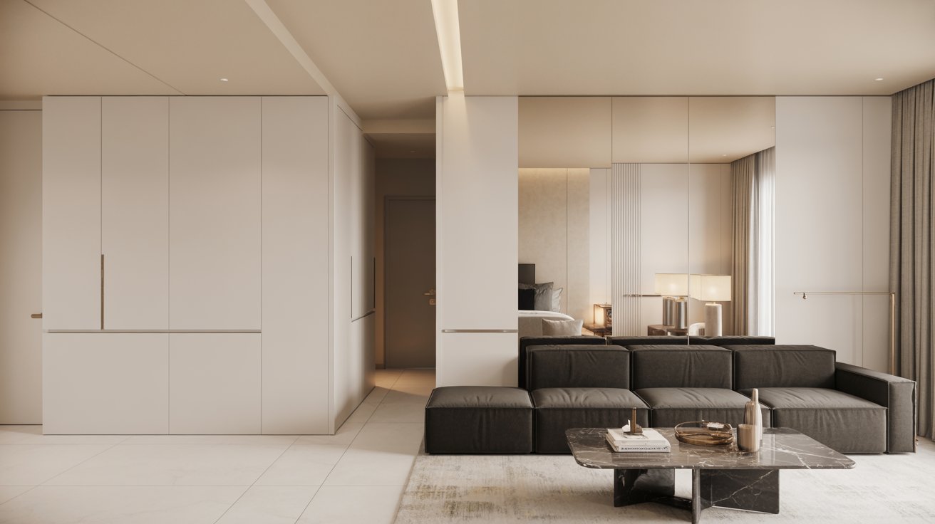 Modern living area with minimalistic design featuring a sleek black sofa, marble coffee table, neutral walls, and soft lighting, creating a calm ambiance.