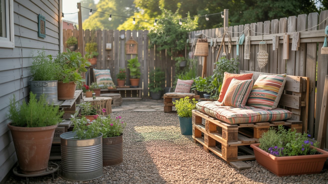 Cozy backyard with DIY pallet seating, colorful cushions, and potted plants on pebbled ground. String lights and wooden fence add a warm, inviting feel.