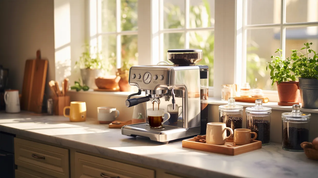 A coffee maker on a kitchen counter beside a window, with natural light illuminating the scene.