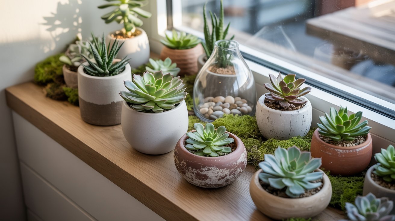 A variety of potted succulents on a wooden windowsill, with soft natural light and green moss accents, creating a serene, calming atmosphere.