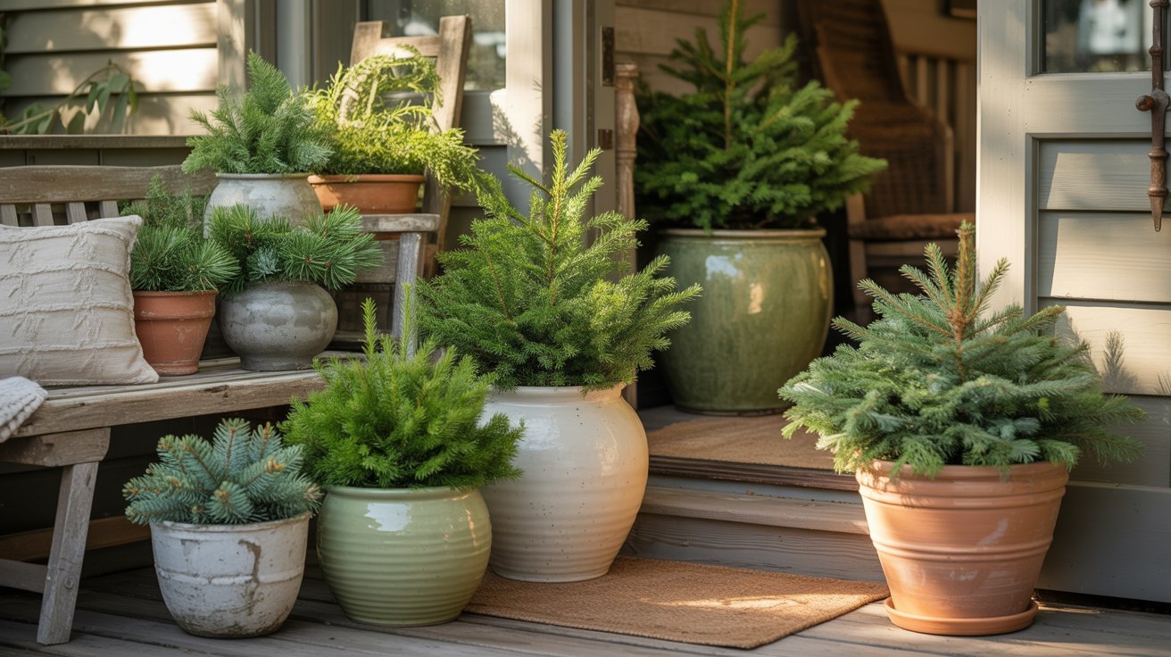 Potted evergreen plants arranged on a cozy porch, surrounded by a wooden bench and cushions. Warm, inviting atmosphere with natural light.