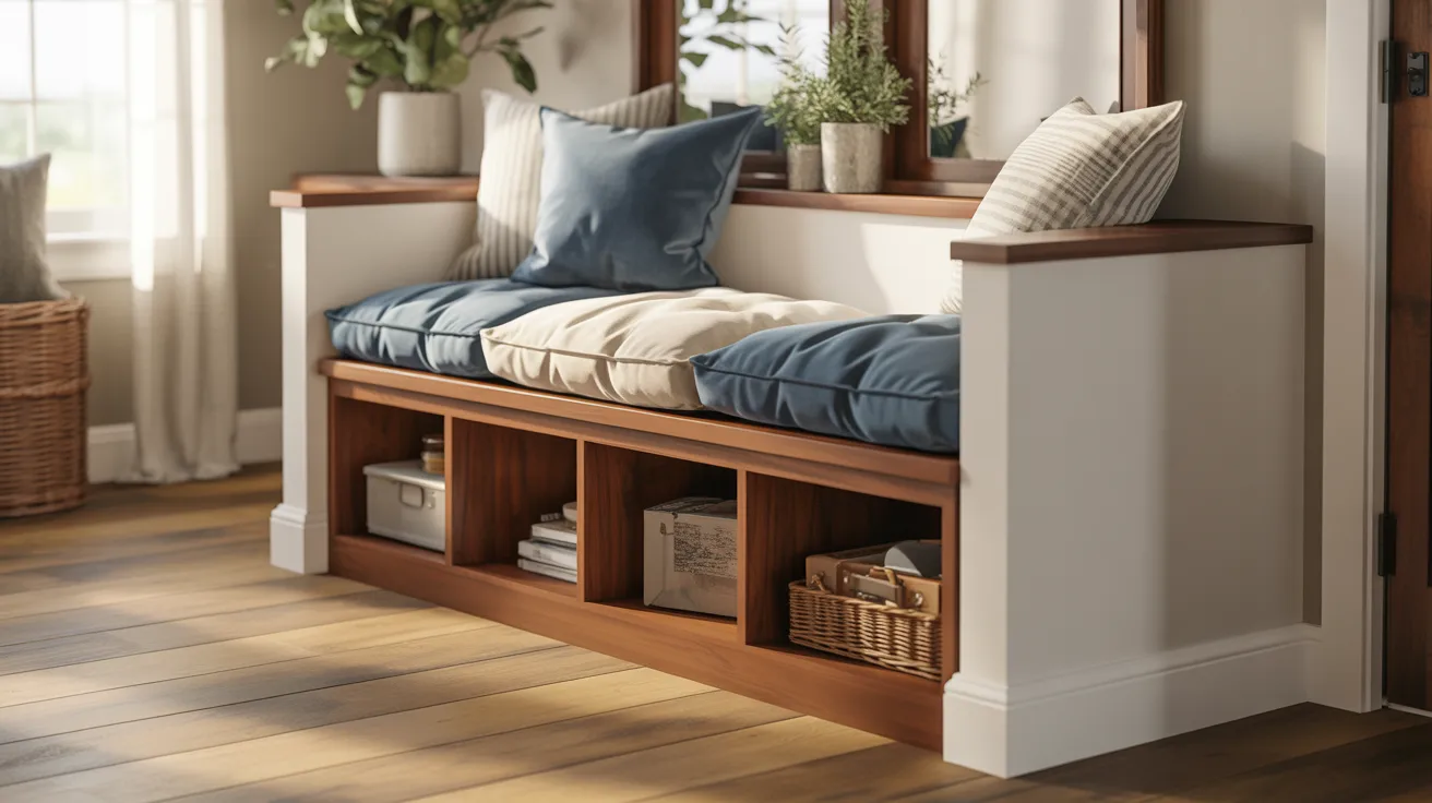 Cozy wooden bench with blue and beige cushions by a window, featuring storage shelves below. Potted plants and soft light create a warm, inviting ambiance.