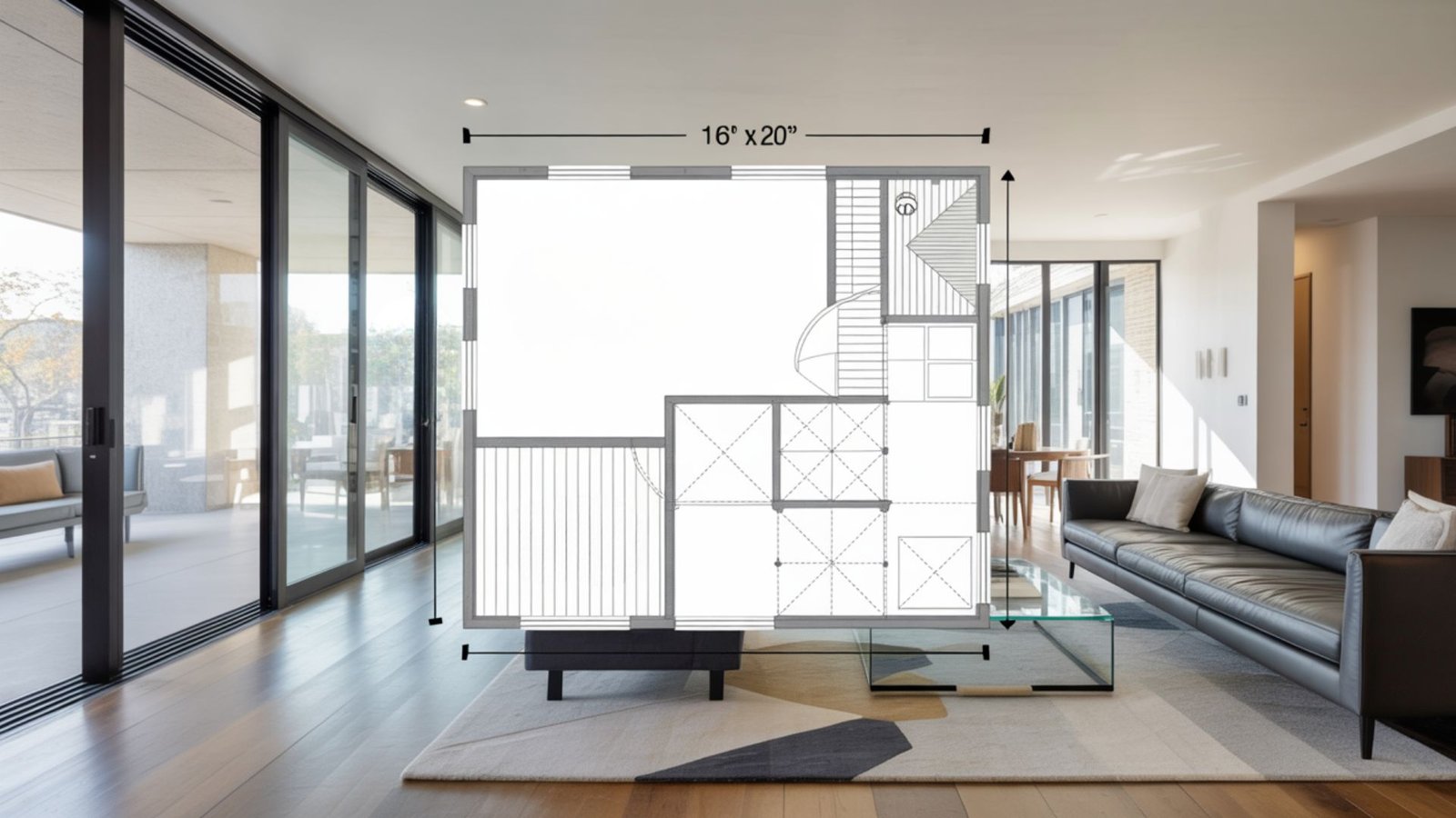 A modern living room featuring a large window and a stylish couch, creating a bright and inviting atmosphere.